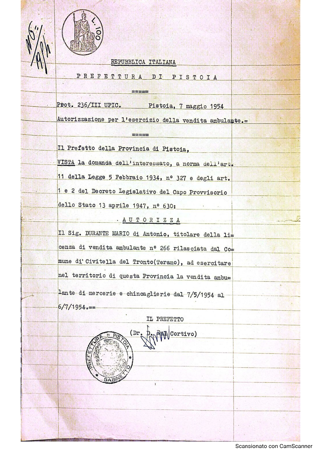 licenza di Mario Durante, 1954